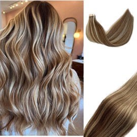 Tape in Human Hair Extensions Blonde Highlights with Ash Brown Tape in Hair Extensions Human Hair Full Head 18inch Tape ins Natural Hair Soft Straight Extensions for White Women 50g 20pcs(8P60）