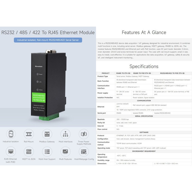 Waveshare RS232/485/422 to RJ45 Ethernet Module, TCP/IP to Serial, with