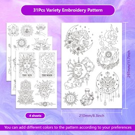 ORIGACH 4 Sheets Magic and Witchcraft Theme Water Soluble Embroidery Patterns Stabilizers - Pre-Printed Sun Moon & Evil Eye Designs - Stick & Stitch Embroidery Paper for Hand Sewing Lovers