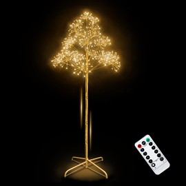 XTHlamp LED Tree Floor Lamp, 5.7 Ft Tall, Remote Control, IP44 Waterproof, Gold Metal Stand, Warm White Lights Firework Lamp