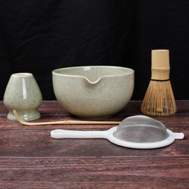 Matcha Set Whisk and Bowl, 5PCS Matcha Kit Bowl with Spout, Scoop,Sifter, 500ml Mottled Matcha Bowl Set for Tea Lovers Matcha Starter (Dark Green)