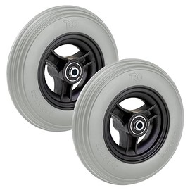 Wheelchair Tyres Puncture Proof 7 x 1 3/4 (175 x 40), Grey, Groove Profile, 100% Puncture Protected, Complete Wheels Tyres with Rim and Wheelchair Ball Bearing, Bore 8 mm, Hub Length 45 mm, Pack of 2