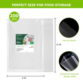 Bonsenkitchen Precut Vacuum Sealer Bags 200 Quart 8" x 12", BPA Free, Commercial Grade Textured Food Vacuum Sealer Bag, Thick Embossed Bags for Storage and Sous Vide Cooking VB3208