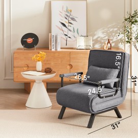 Dithoko 5 in 1 Folding Chair Bed, Convertible Sleeper Sofa with 5-Position Adjustable Backrest & Pillow, Single Sofa Bed for Small Spaces, Cozy Linen Futon Chair for Home Office (Grey)