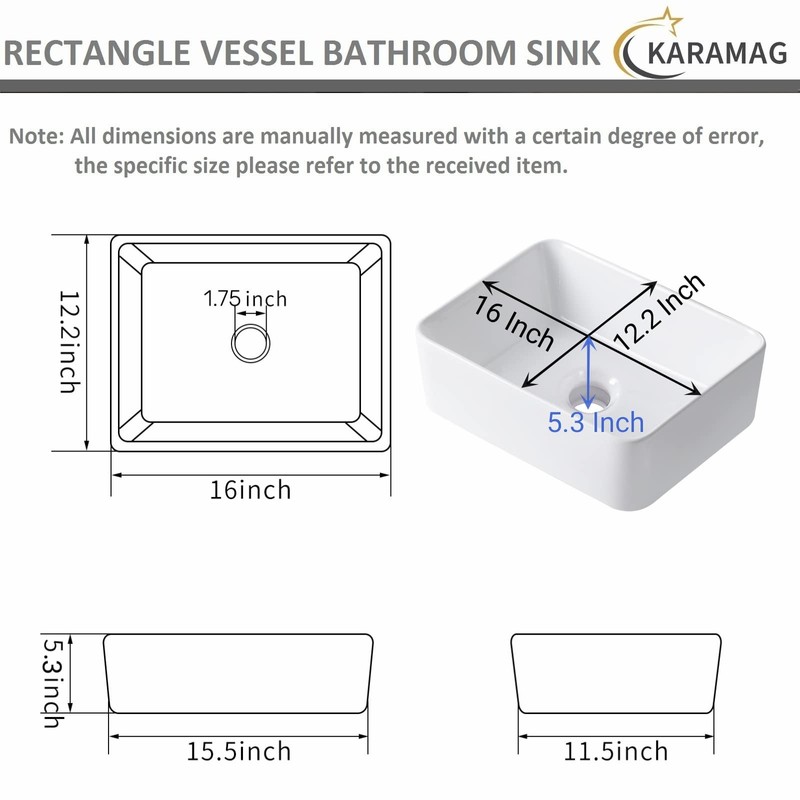 White Vessel Sink Rectangle 16"x12" Bathroom Sink Rectangular Modern Above