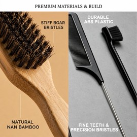 5 Pcs Slick Back Hair Brush Set for Men, 2 Bamboo Beard Combs, Teasing Brush, Rat Tail Comb, Eyebrow Brush, Dual Scale, Ergonomic Handle, Hair Styling Grooming Smoothing Kit, Black