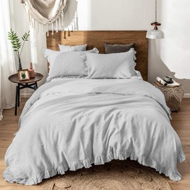 Simple&Opulence 100%Washed Linen Duvet Cover Set-3 Pieces Premium Ruffled Bedding with 1 Comforter Cover(88"x92") and 2 Pillow Shams(20"x26") France High End Frill Farmhouse Vintage Style(Queen,Grey)