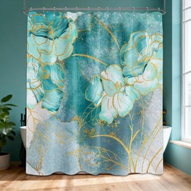 Bxpaitx Turquoise Shower Curtain Aqua Teal and Gold Abstract Floral Shower Curtains for Bathroom Decor Set, Waterproof Fabric with Hooks 70 x 72 Inch