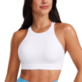 CRZ YOGA Womens Butterluxe High Neck Longline Sports Bras - Criss Cross Wireless Yoga Bra Padded Workout Crop Top White Medium