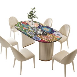 Boho Floral Oval Fitted Tablecloths, Blossom Flowers Elastic Edged Polyester Fitted Table Cover, for Indoor Outdoor Picnic Dining and Spring Holiday Use, Fits Oval 42" W X 60" L Tables, Pink Yellow