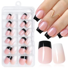 LuckForever 144pc Black French Tips Press on Nails Short Square Fake Nails French Nude Ombre Short Glue on Nails Press ons French Tips False Fingernails with Glue Adhesive Tabs for Women Girls