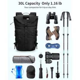 Blue Quartz Hiking Backpack 30L Lightweight Packable Backpack for Travel, Water Resistant Foldable Daypack for Women Men, Black