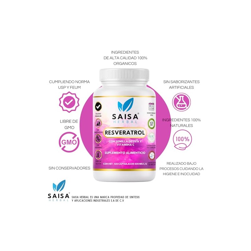 Resveratrol Semilla de uva y Vitamina C 120 cápsulas Antioxidante