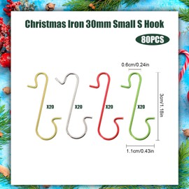 LUVDECO 80 Pcs Christmas Ornament Hooks Bauble Christmas Tree Decorations S-Shaped Ball Hangers Metal Hooks Christmas Gold Silver Red Green for Tree Decorations Ornament Home Party (30mm)