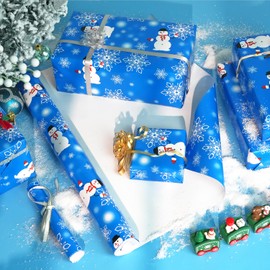 MAMUNU Christmas Wrapping Paper Roll, Blue Christmas Wrapping Paper for Gift Wrapping Arts Crafts Decorations, Gift Wrapping Paper with Snowflake Snowman Designs, 17×590 Inch.