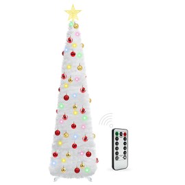 HISFFOG 5 Ft Prelit Tinsel Pop Up Christmas Tree with 8 Light Adjustment Modes 50 Remote Color Lights Battery Operated, Pencil Artificial Slim Tree Xmas Decoration Home Party Indoor Outdoor