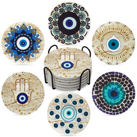 Evil Eye Coasters Set of 6,House Warming Gift Drink Absorbent Coasters with Holder, Coffee Table Decor Ceramic Stone Coaster for New Home,Apartment Kitchen Bar Living Room (Evil Eye-Yellow)