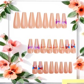 CJDLTS Colorful Bow Press on Nails Long Ballet Shaped Full Cover Glossy Acrylic Fakse Nail Nude Pink Artificial Fingernails Ballet Press Ons Stick on Nail DIY Reusable Glue on Nails for Women 24Pcs