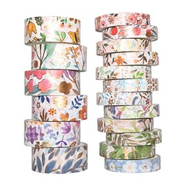 Tempaky Juego de 18 rollos de cintas adhesivas Washi, cinta adhesiva de papel decoiva con lána dorada floral, hermosa flor, hojas, diseño de plantas, etiqueta adhesiva para manualidades, manualid