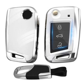 Kwak's Car Key Case Compatible with VW Skoda Seat Tiguan Golf 7 Lamando Teramont Touran Lavida 3 Buttons Folding Key Box Key Cover Shell with Key Fob (White)