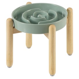 Havniva 8.2inch Ceramic Raised Slow Feeder Dog Bowl Set, Elevated Wooden Stand for Large and Medium Dog, Puzzle Slow Dish, Anti-Gulping(Light Green, Single Bowl+ Stand)
