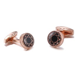 Rockyu Men's Rose Gold Cufflinks with Black Floral Pattern Round Stainless Steel Luxury European Style Business Accessories for Gentlemen