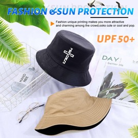 Mens Womens Bucket Hat Double-Sided Wearable Bucket Hats for Woman Men Black Summer Sun Hat Large Beach Fisherman Hat Christian Jesus Cross Printing Unisex Packable Cotton Fishing Cap Sun Protection