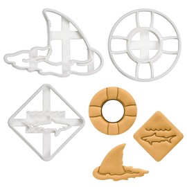 Set of 3 Shark Attack Themed Cookie Cutters (Designs: Shark Fin, Life Buoy, and Shark Warning Sign), 3 Pieces - Bakerlogy