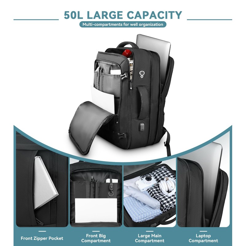 Travel Backpack, 50L Expandable Extra Large Laptop Backpack, Carry On