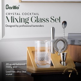 Barillio Crystal Cocktail Mixing Glass Set - 20 Oz Weighted Cocktail Stirring Glass with Strainer and Bamboo Stand - Bar Mixing Kit with Crystal Pitcher/Beaker - Home Mixology Bartender Kit