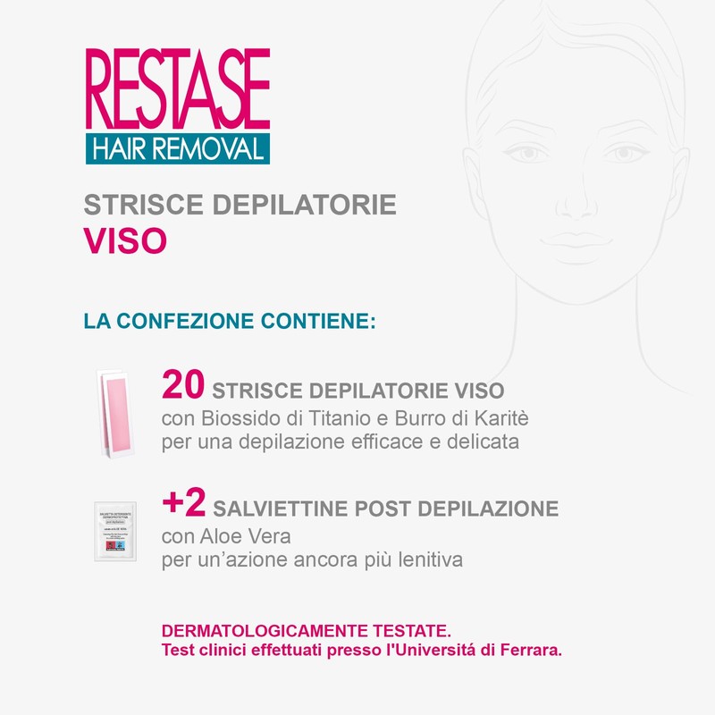 RESTASE | Strisce Depilatorie Viso, 20 pz + 2 Salviette,