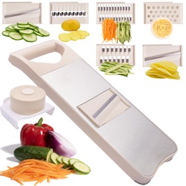NACOLUS 6-Blade Mandoline Slicer with Slide-On Hand Guard - Vegetable Slicer, Potato/Onion/Garlic Slicer, Kitchen Grater(Multi-Color) (Beige, 6-in-1)