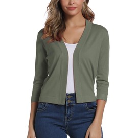 Women's 3/4 Sleeve Open Front Bolero Cardigan Shrug Solid Cardigan Top, Light Olive Green, s