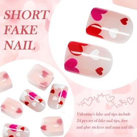 Heart French Fake Nails Short, Press-on Nail, 24 Pieces Short Square Glossy Pink Stick on False Nails with Glue, Spring Acrylic Nails, Square Stick on Nails for Valentine's day Manicure Home DIY