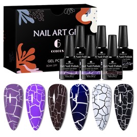 MSRUIOO Crackle Gel Nail Polish Set 6 Colors Gel Polish Kit Purple Blue Black Cracked Nail Polish Quick Dry Cool Crackle UV/LED Needed Nail Gel Polish Home DIY Gift
