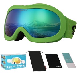 OUTDOORSPARTA Kids Ski Goggles - Helmet Compatible Ski Goggles for Boys & Girls with 100% UV Protection (5. Green Frame, Full Lens Mirrored Green)