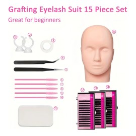 Kit Práctica Extensión Pestañas Rosa Curva C Maniquí Pinzas Cepillos Parche 8 mm