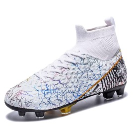 curunect Boys Girls Soccer Cleats Lightweight High-top Training Football Shoes for Youth Non-Slip Kids Soccer Futsal Shoes, Tacos de Futbol para niños, White/Gold/Black, Big Kid 5