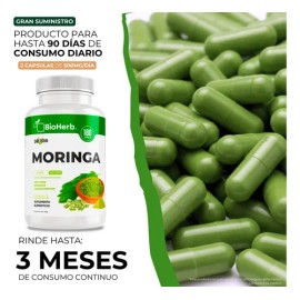 BioHerb | Moringa 100% Pura, Extremadamente Eficaz con 180 Cápsulas (500 mg) Potente Superalimento Antioxidante, Energía y Vitalidad Natural