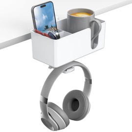 KDD KDD 4 in 1 Becherhalter Schreibtisch - Gaming Headset Halterung Tisch - 360° Drehbarer Kopfhörer Ständer mit Abnehmbarer Getränkehalter & Stiftehalter Organizer für Tasse Flaschen Handy Stift (Weiß)