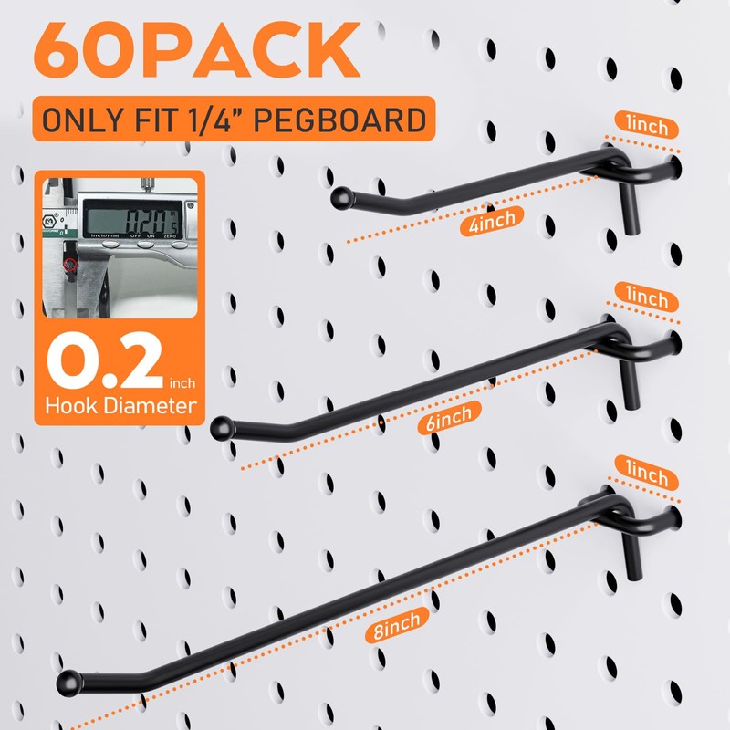 INCLY 60 Pack 4/6/8 Inch Heavy Duty Pegboard Hooks for