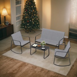 DWVO 4-Piece Patio Furniture Set, Textilene Conversation Set with 2 Rocking Chairs and Tempered Glass Coffee Table, Perfect for Indoor Patio Lawn Garden Poolside, Gray