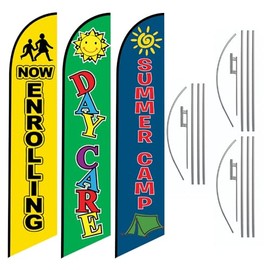 (pack 3) Now Enrolling, Day Care, and Summer Camp outdoor Advertising Feather Banner Swooper Flag Includes 15ft Poles Kits with Ground Spikes
