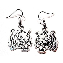 Dark Silver Colored Roaring Tiger Flat Pendant Earrings on Hypoallergenic French Ear Hooks