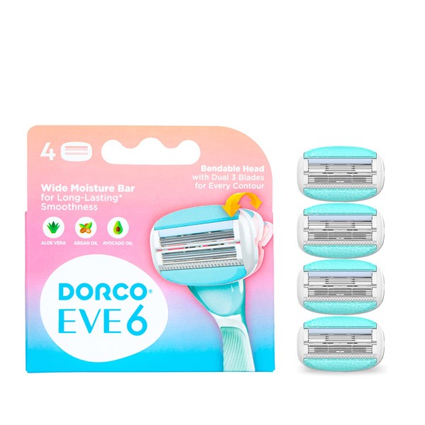 Dorco EVE6 Razors for Women for Extra Smooth Shaving (No Razor Handle, 4 Pcs Razor Blade Refills), 6 Curved Blades with Flexible Moisture Bar, Womens Razors for Shaving with Aloe Vera Moisture Bar, Interchangeable Cartridge for Sensitive Skin_ Mothers Day Gift