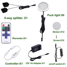 AIBOO 12V LED Under Cabinet Lights Kit 6 Pack Black Cord Aluminum Puck Lights for Kitchen Counter Closet Lighting with Wireless Dimmable RF Remote Control 6 Lights 12W (6000K Daylight White)