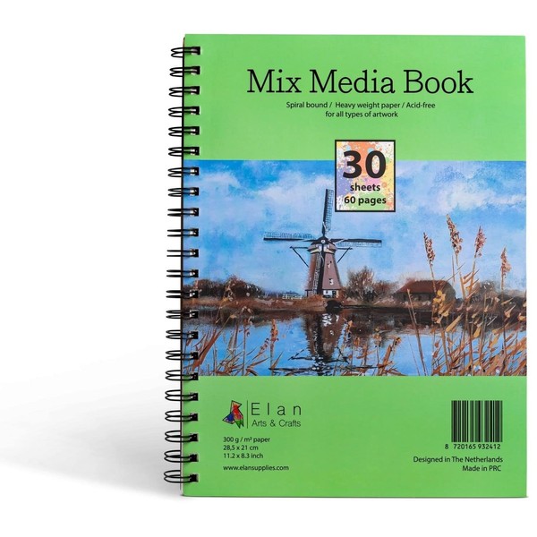 Elan Mixed Media Book A4, 30 Sheets 300gsm Paper, Multi-purpose Art Pad A4, Acid-Free Paper Art Books, Heavy Paper Mixed Media Sketchbook, Mixed Media Paper, Art Sketchbook A4 for Drawing and Painting