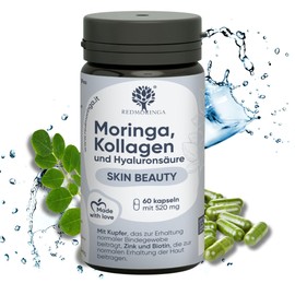 Marines Collagen and Hyaluronic Acid with Copper, Zinc, Biotin, Vitamin A, B2, B3, C and Bio Moringa | Dietary Supplement for Skin and Joints | Anti-Wrinkle | RedMoringa® (60)