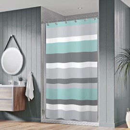 Sunlit Horizontal Stripes Water-Repellent Aqua Blue Gray 36 x 72 Inches Fabric Shower Stall Curtain with Reinforced Metal Grommets Refreshing Striped Design Bathroom Decor