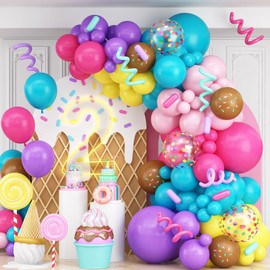Pastel Rainbow Balloons Arch Colorful Balloons Garland for Candyland Sweet One Two Donut Grow Up Ice Cream Birthday Party Decorations Purple Pink Blue Yellow Brown Confetti Latex Long Balloons